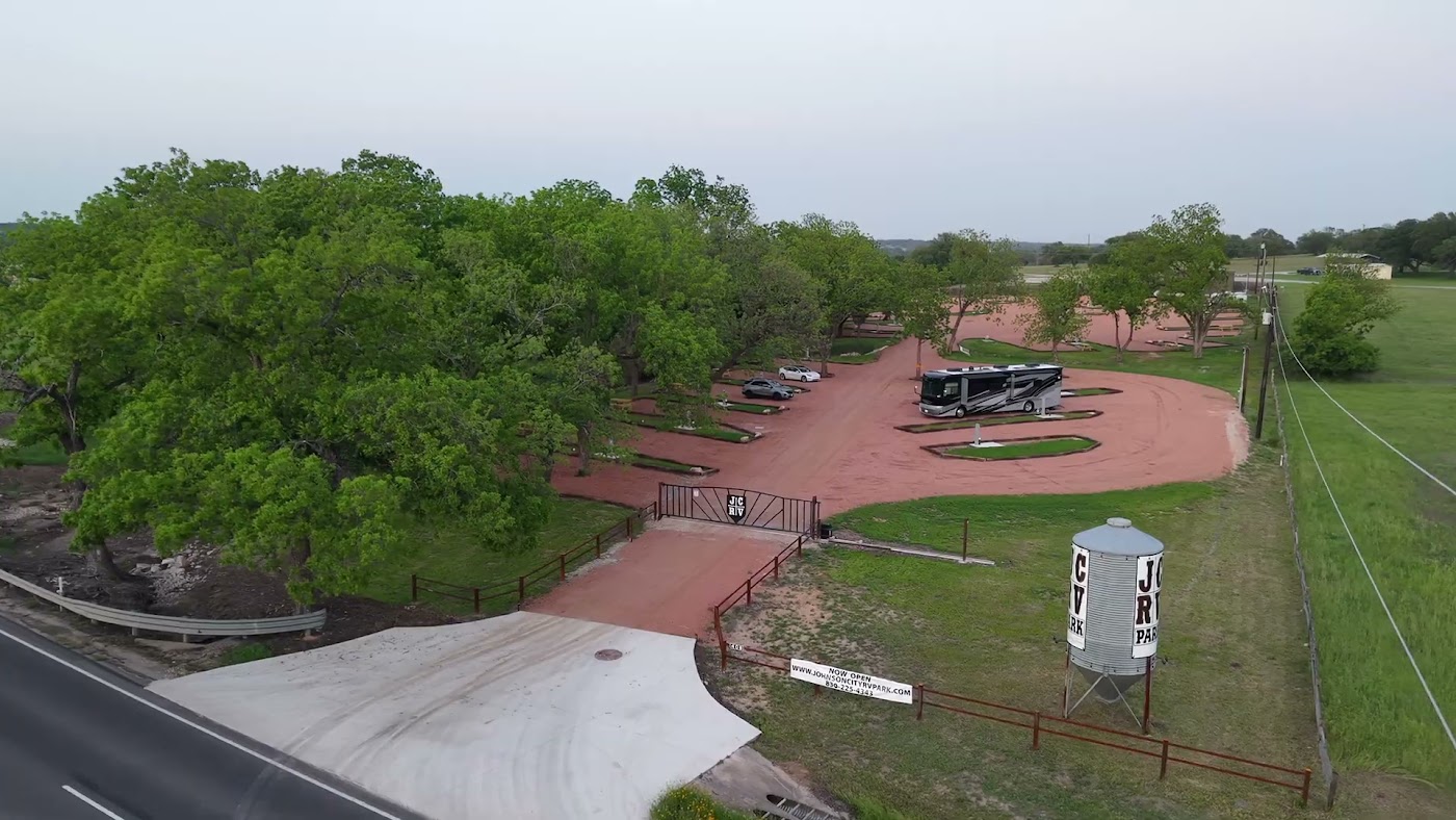 Aerial view of an RV park entrance at 408 US 281 in Johnson City, from a video by Bobby Galvan